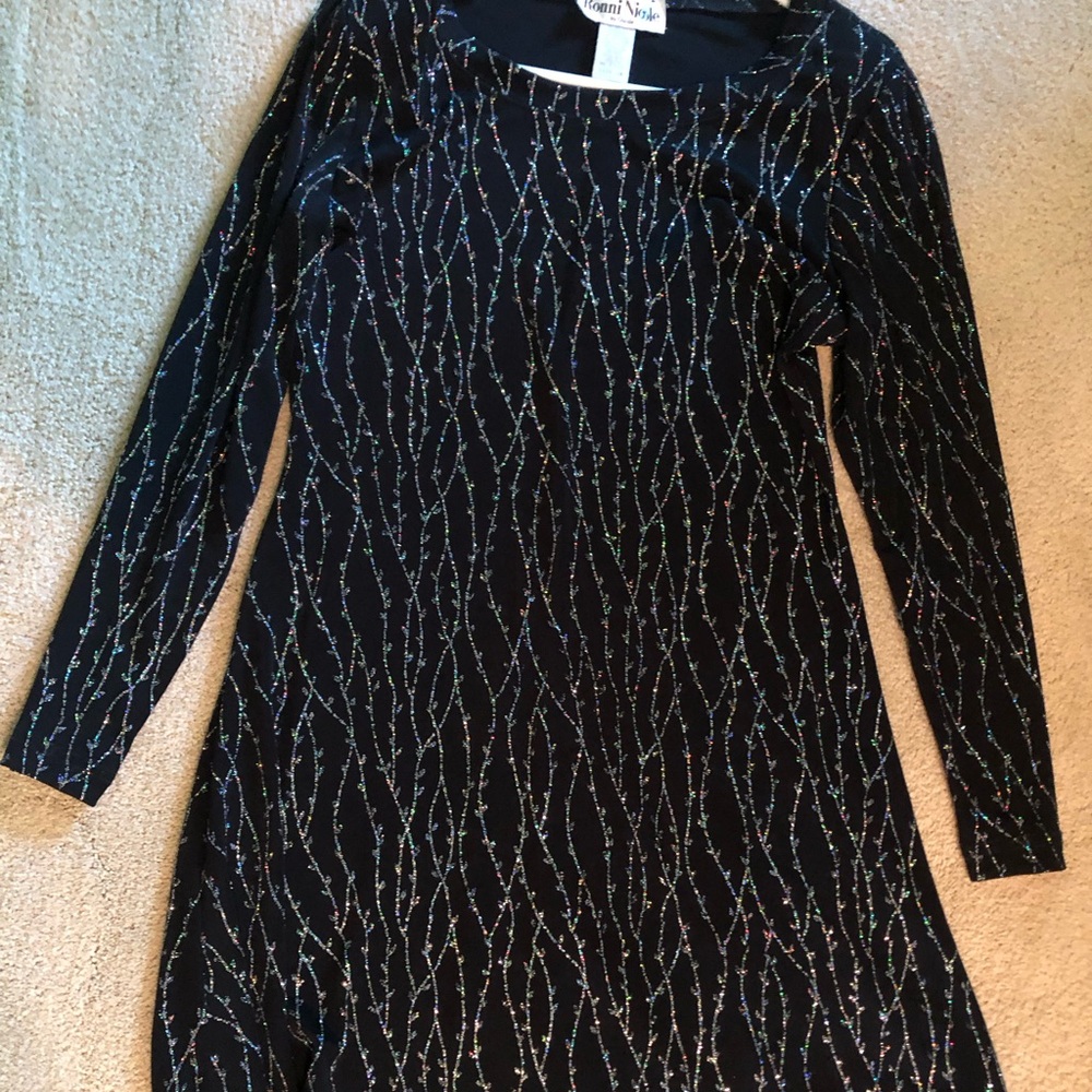Ronni Nicole by Ouida elegant black dress w multicolor sparkling vertical waves